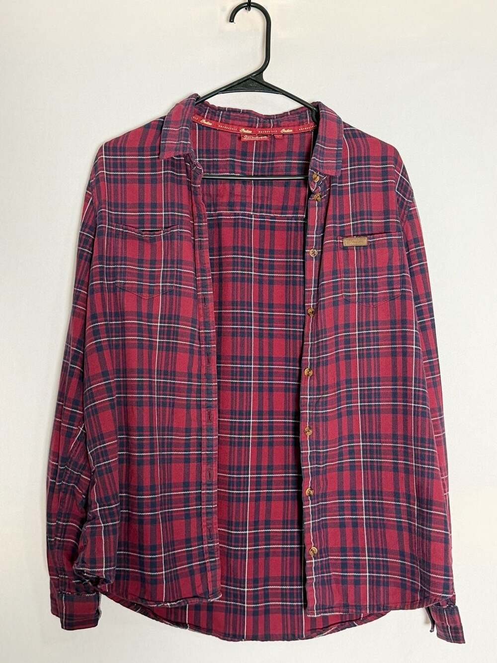 Indian Motorcycle Plaid Flannel Shirt Size L Red Blue Long Sleeve